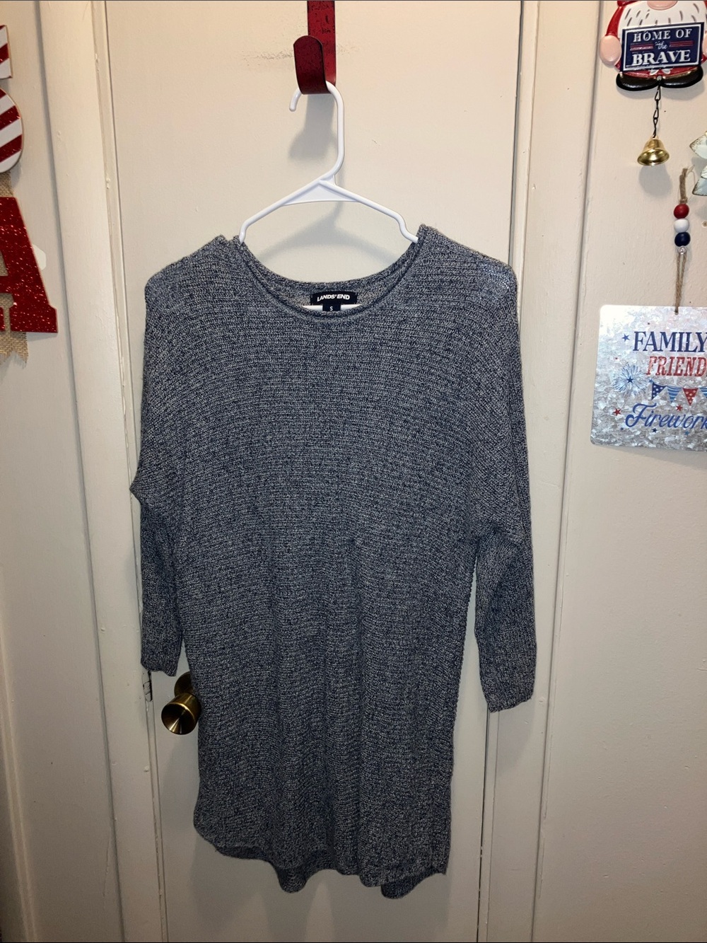 Lands' End Linen Blend Blue Ribbed Knit Tunic Sweater 3/4 Sleeve Small